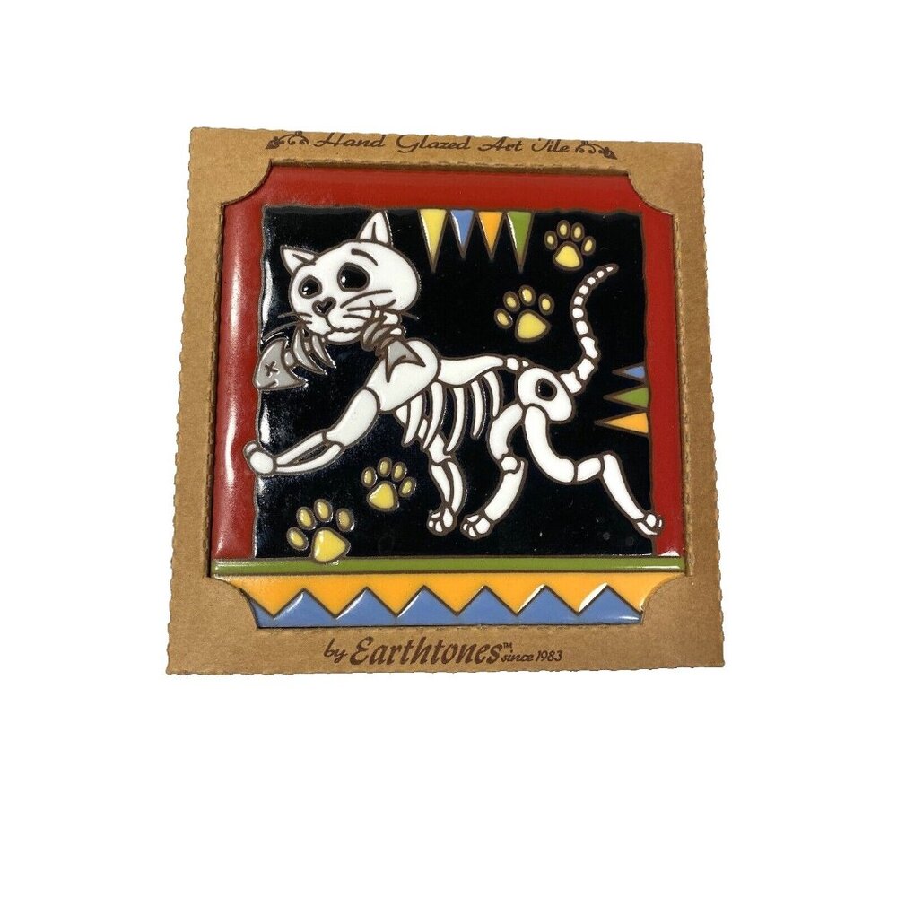 Earthtones‎ Skeleton Cat Hand Glazed Art Tile 6x6 Trivet Wall Decor 7051A USA